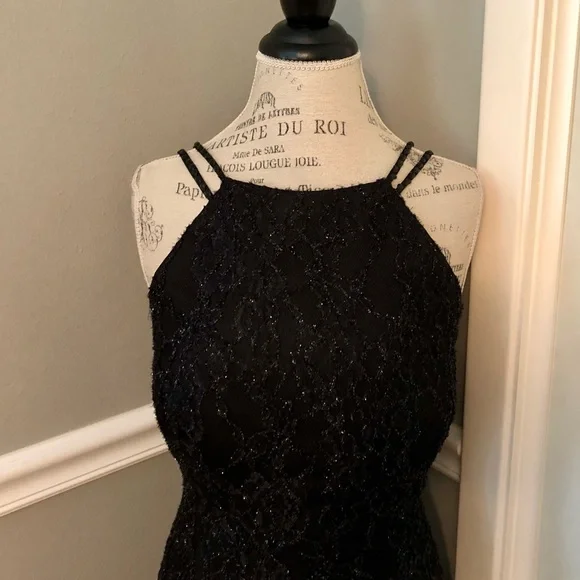 NEW LUCCI LU SZ 18 BLACK SLEEVELESS BEADED LACE FORMAL EVENING GOWN - Picture 3 of 15